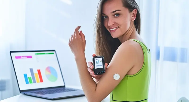 woman on app reading medical data and stats